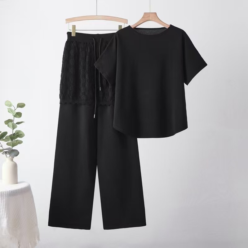 Cross border 2026 summer new style casual and gentle style set for women, loose and slim knit wide leg pants, two pieces Cross border 2026 summer new style casual and gentle style set for women, loose and slim knit wide leg pants, two pieces