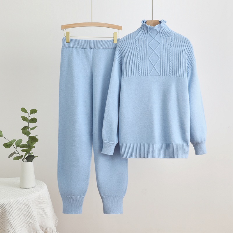 Autumn and Winter New Knitted Solid Color Simple and Elegant High Collar Sweater Leg Tight Pants Two Piece Set Threaded Splicing Set