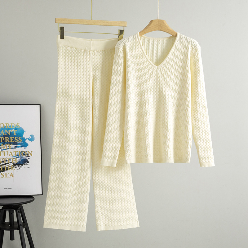 Cross border V-neck Fried Dough Twists sweater suit for women in spring and autumn, new fashion, solid color, loose knit, bottoming, two piece suit Cross border V-neck Fried Dough Twists sweater suit for women in spring and autumn, new fashion, solid color, loose knit, bottoming, two piece suit