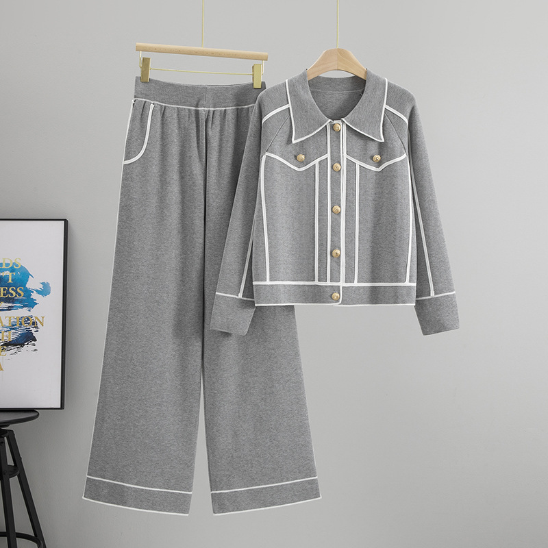 Cross border foreign trade fashion suit temperament style metal buckle contrasting edge cardigan top wide leg pants two-piece set women's spring and autumn Cross border foreign trade fashion suit temperament style metal buckle contrasting edge cardigan top wide leg pants two-piece set women's spring and autumn