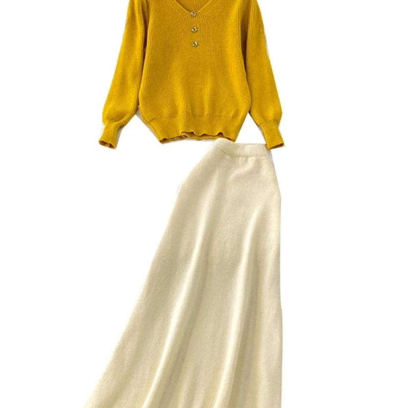 French style simple and lazy style loose knit sweater V-neck top casual contrasting color woolen dress temperament two-piece set French style simple and lazy style loose knit sweater V-neck top casual contrasting color woolen dress temperament two-piece set