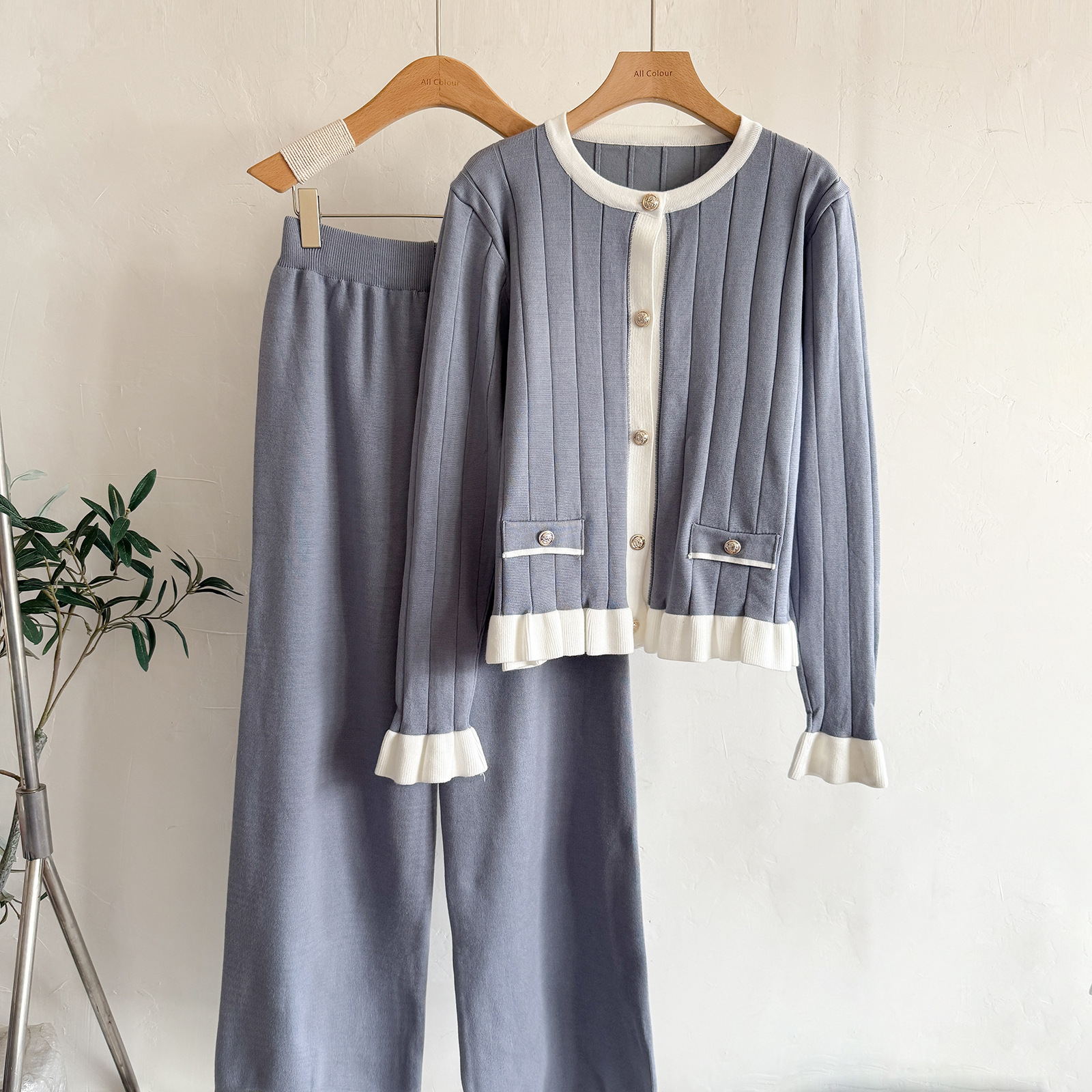Cross border European Station Autumn and Winter Horn Long Sleeve Knitted Cardigan Set for Women's Fashion Wide Leg Pants, Style Two Piece Set, Trendy Cross border European Station Autumn and Winter Horn Long Sleeve Knitted Cardigan Set for Women's Fashion Wide Leg Pants, Style Two Piece Set, Trendy