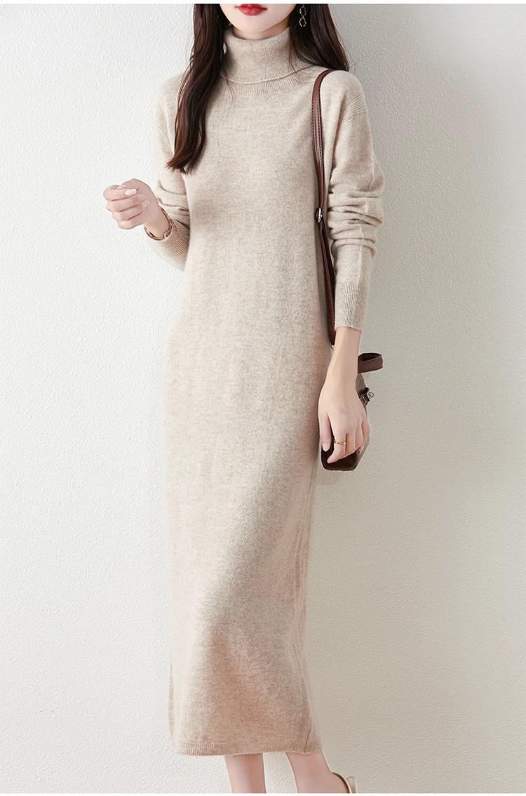 High collar pure wool dress, women's knitted straight tube loose and slimming base wool dress, knee high medium length cashmere skirt