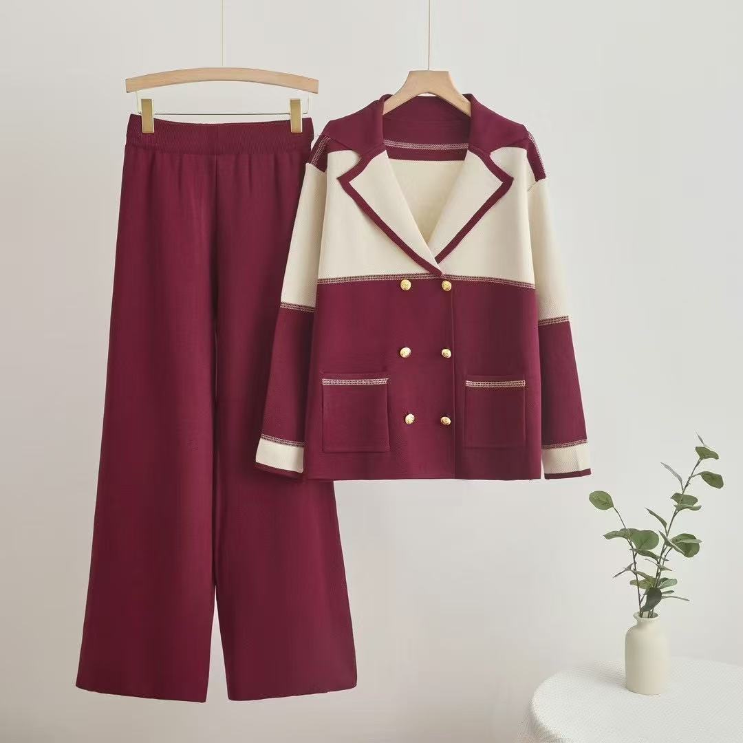 Cross border temperament suit collar set for women in spring and autumn 2024, new double breasted knitted top, wide leg pants two-piece set