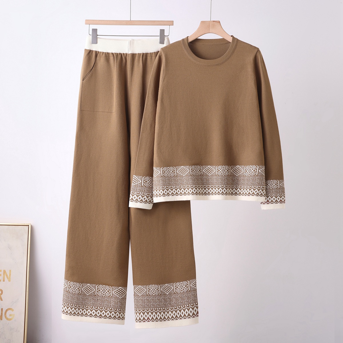 2026 European Station Small Fragrant Style Retro Fashion Casual Top Wide Leg Pants Knitted Two Piece Set Women's Trendy 2026 European Station Small Fragrant Style Retro Fashion Casual Top Wide Leg Pants Knitted Two Piece Set Women's Trendy