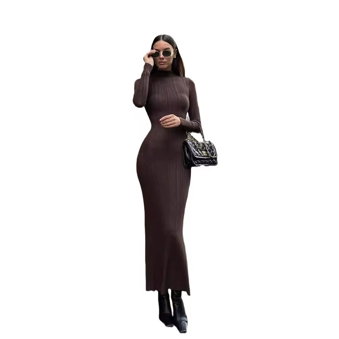 Cross border European and American knitted high neck long sleeved tight skirt autumn and winter new long skirt elegant French knitted dress for women's fashion Cross border European and American knitted high neck long sleeved tight skirt autumn and winter new long skirt elegant French knitted dress for women's fashion