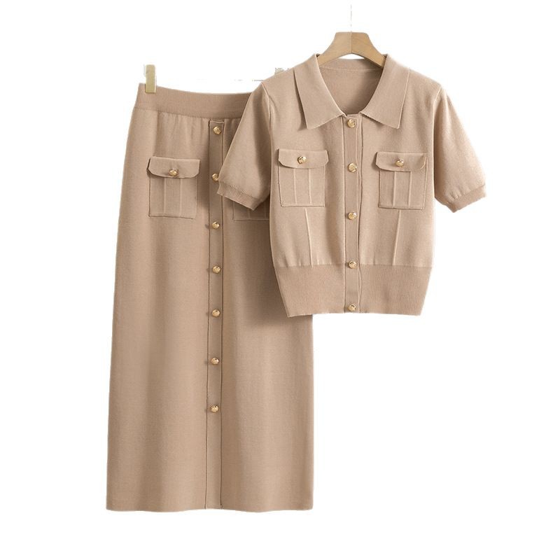 Cross border French collar small fragrance style set, summer feminine knitted cardigan top, slim fit half skirt two-piece set Cross border French collar small fragrance style set, summer feminine knitted cardigan top, slim fit half skirt two-piece set
