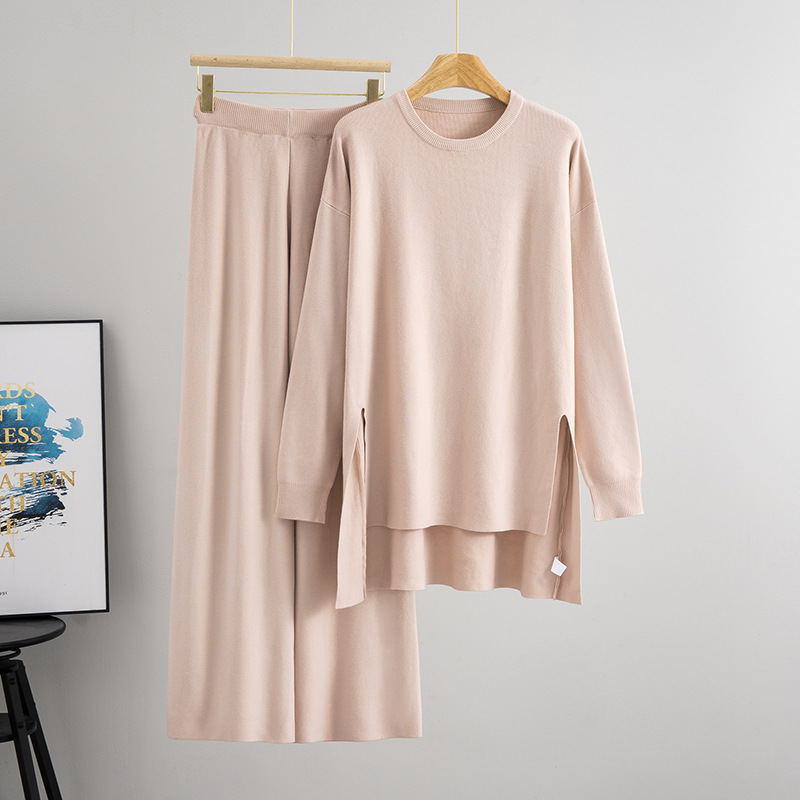 Cross border European and American independent AliExpress solid color new style pullover, age reducing pullover sweater two-piece set for women
