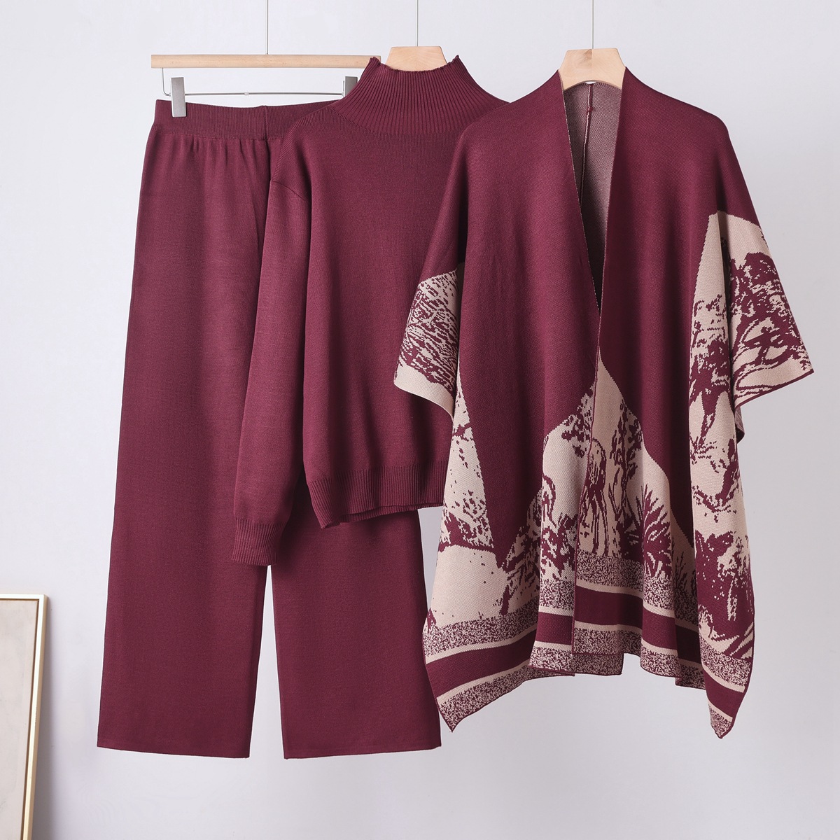 Cross border European and American shawl jacket, spring and autumn sweater, loose wide leg pants, three piece set, fashionable casual jacket, knitted set