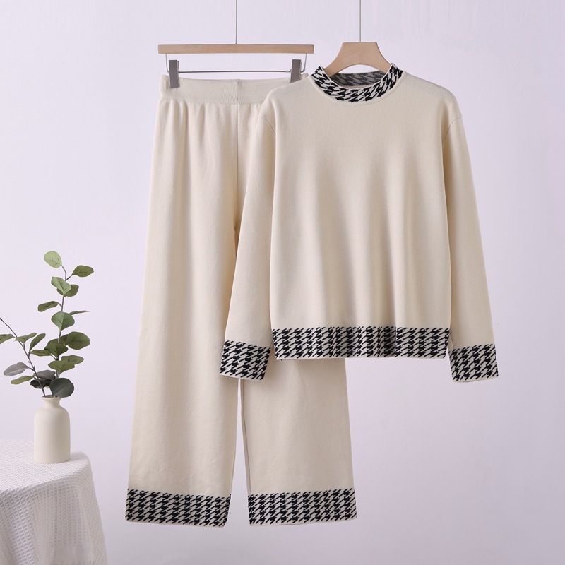 2025 European and American style autumn and winter knitted suit, high waist temperament, Thousand Bird grid color blocked top two-piece set