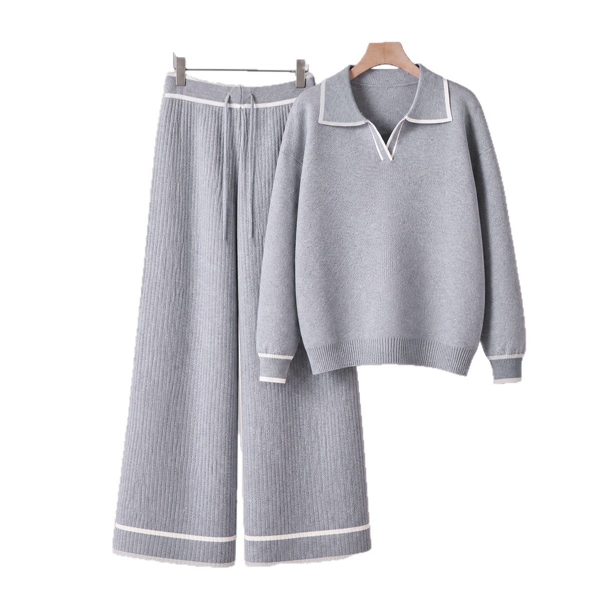 Cross border Amazon Europe Fashion Casual Set Long Sleeve Polo Collar Wide Leg Pants Knitted Two Piece Set for Women Cross border Amazon Europe Fashion Casual Set Long Sleeve Polo Collar Wide Leg Pants Knitted Two Piece Set for Women