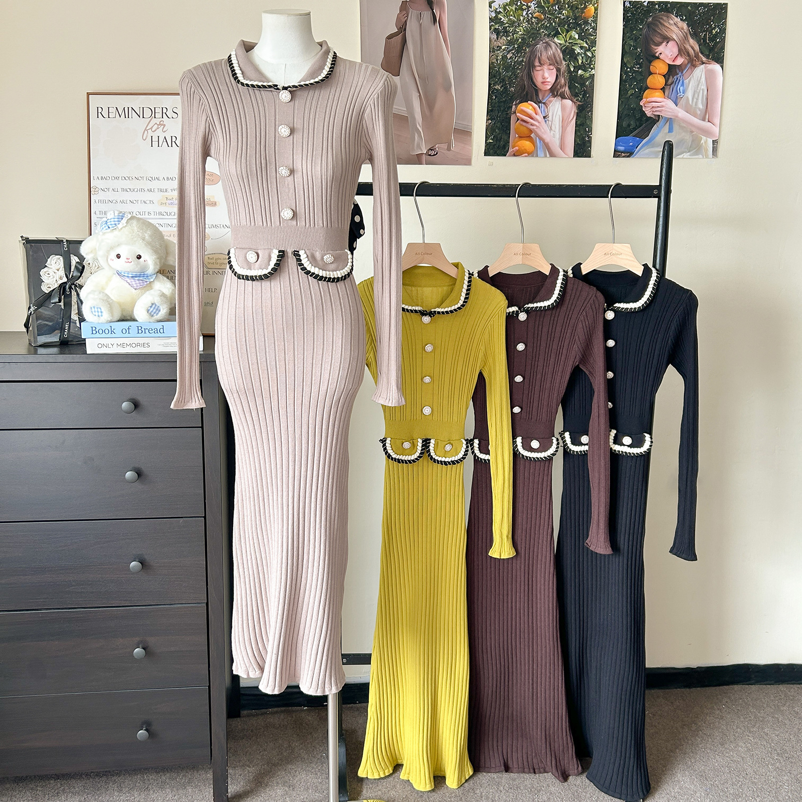 Foreign trade high-end temperament woven doll collar dress for women autumn and winter long sleeved knitted elastic waist with elegant fish tail Foreign trade high-end temperament woven doll collar dress for women autumn and winter long sleeved knitted elastic waist with elegant fish tail