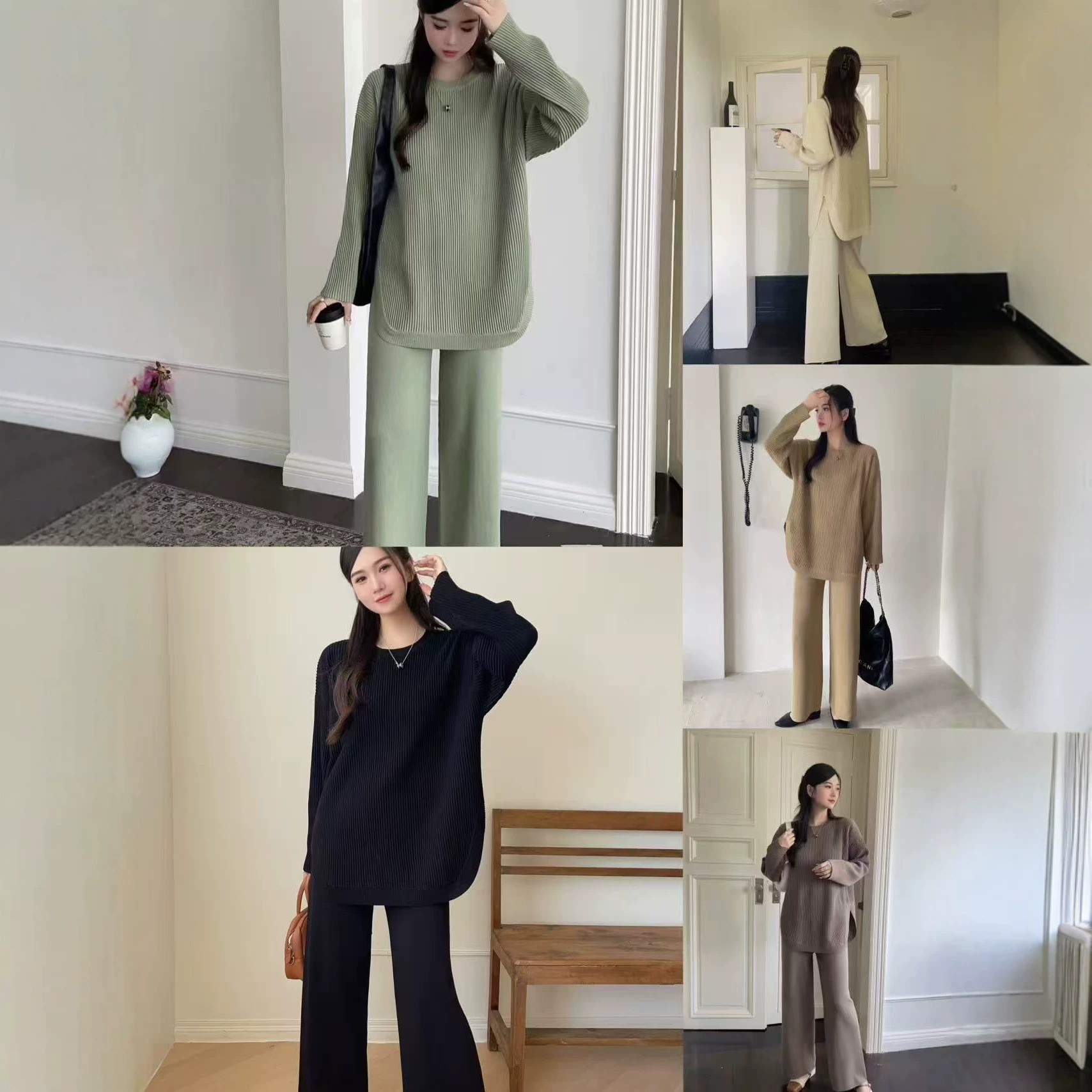 Foreign trade lazy style knitted suit women's spring and autumn loose side slit long sleeved top, hanging wide leg pants two-piece set Foreign trade lazy style knitted suit women's spring and autumn loose side slit long sleeved top, hanging wide leg pants two-piece set