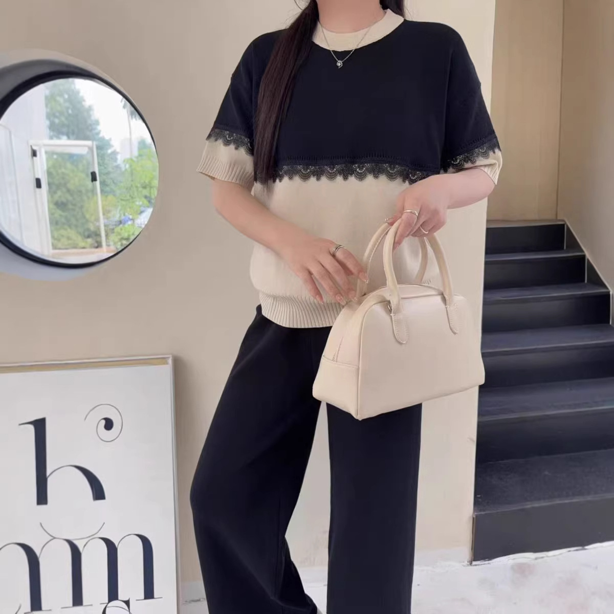 Cross border Knitted Shirt Summer Short Sleeve New Korean Edition Reduced Age Lace Hook and Flower Splicing Round Neck Hoodie Loose Knitted Set Cross border Knitted Shirt Summer Short Sleeve New Korean Edition Reduced Age Lace Hook and Flower Splicing Round Neck Hoodie Loose Knitted Set