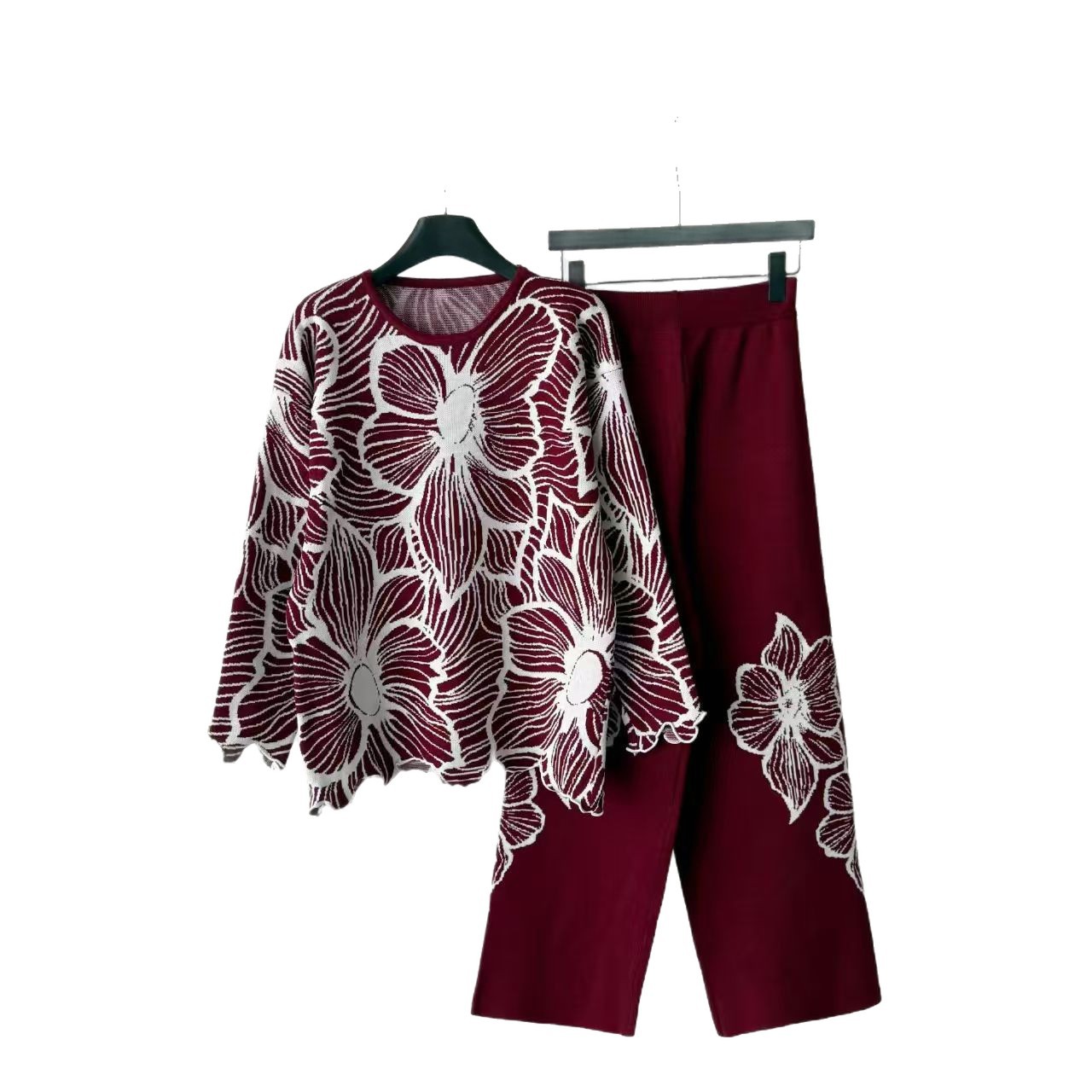 Cross border Heavy Industry Jacquard Large Flower Knitted Set Women's Autumn Loose Long Sleeve Wide Leg Pants Two Piece Set Soft Skin friendly Set Cross border Heavy Industry Jacquard Large Flower Knitted Set Women's Autumn Loose Long Sleeve Wide Leg Pants Two Piece Set Soft Skin friendly Set