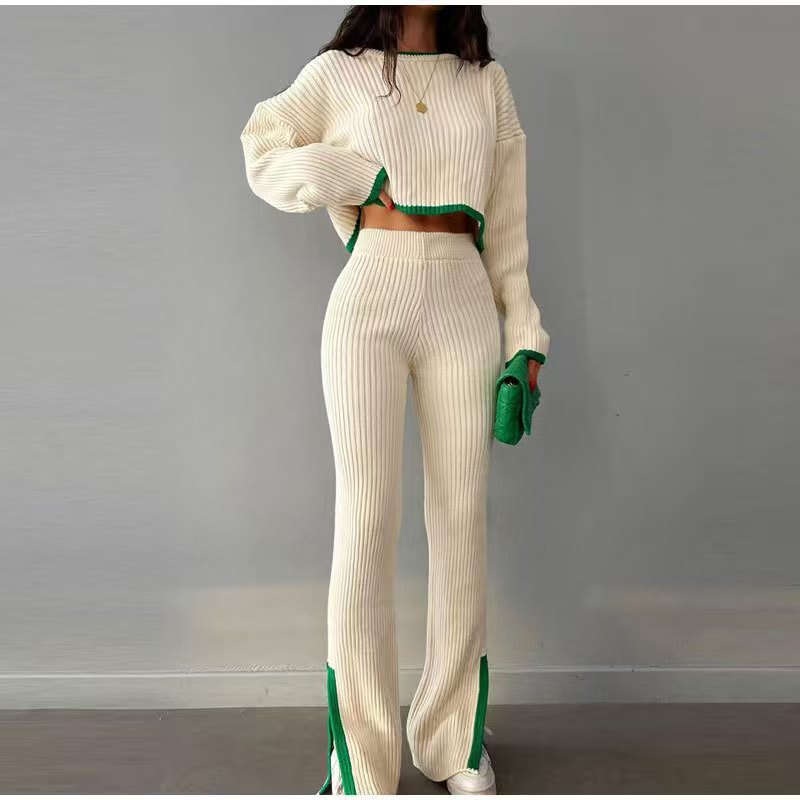 Spot autumn and winter European and American foreign trade new cross-border Russian long sleeved sweater set knitted top long pants set women