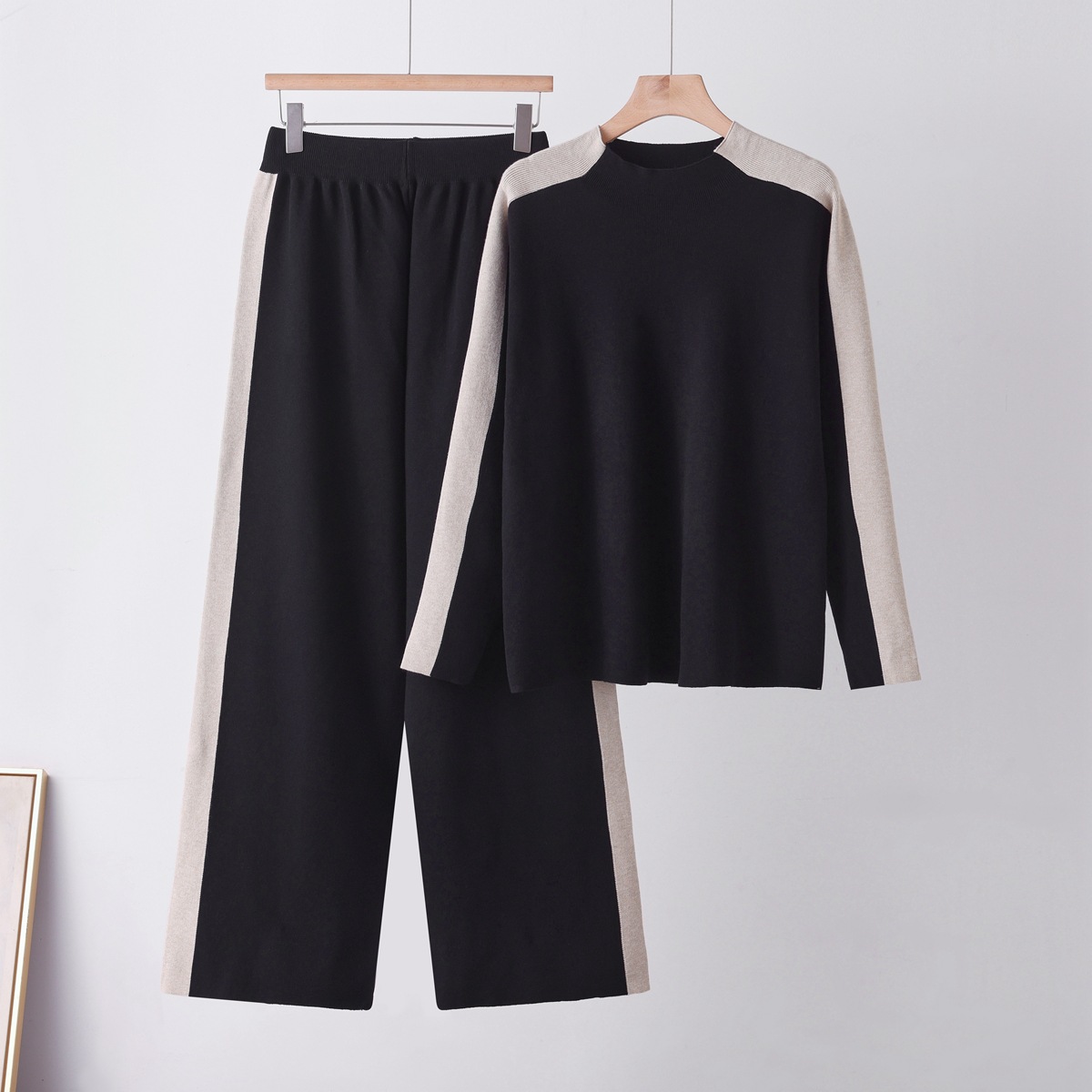 Cross border foreign trade new fashionable loose and slim knit sweater, women's high waisted contrasting wide leg pants two-piece set Cross border foreign trade new fashionable loose and slim knit sweater, women's high waisted contrasting wide leg pants two-piece set