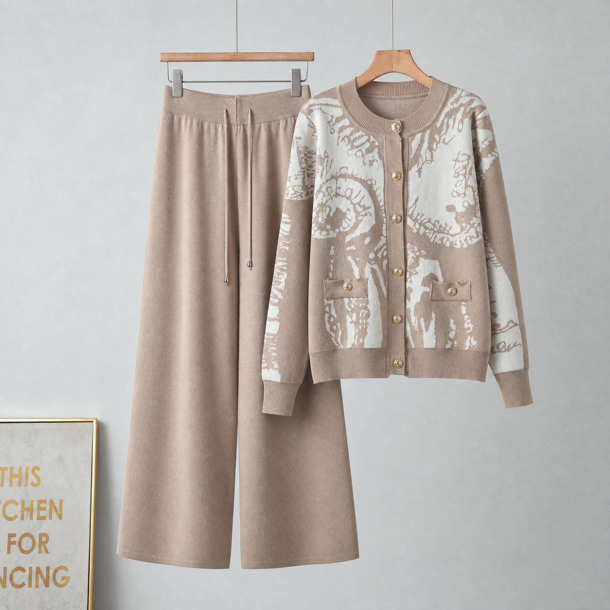 Cross border European casual fashion two-piece women's autumn and winter printed metal buckle knitted cardigan sweater wide leg pants set