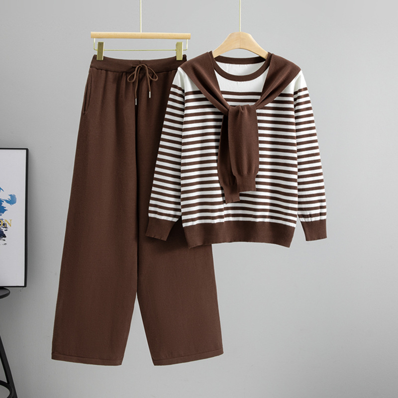 Fashion Knitted Set for Women 2025 Autumn/Winter Lazy Loose Striped Long Sleeve Top+High Waist Casual Wide Leg Pants