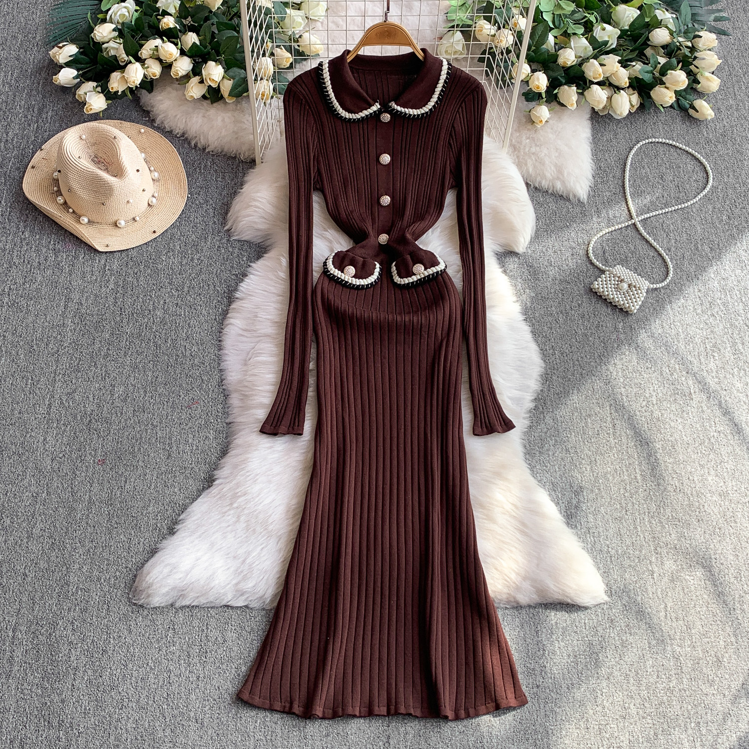 Foreign trade high-end temperament woven doll collar dress for women autumn and winter long sleeved knitted elastic waist with elegant fish tail Foreign trade high-end temperament woven doll collar dress for women autumn and winter long sleeved knitted elastic waist with elegant fish tail