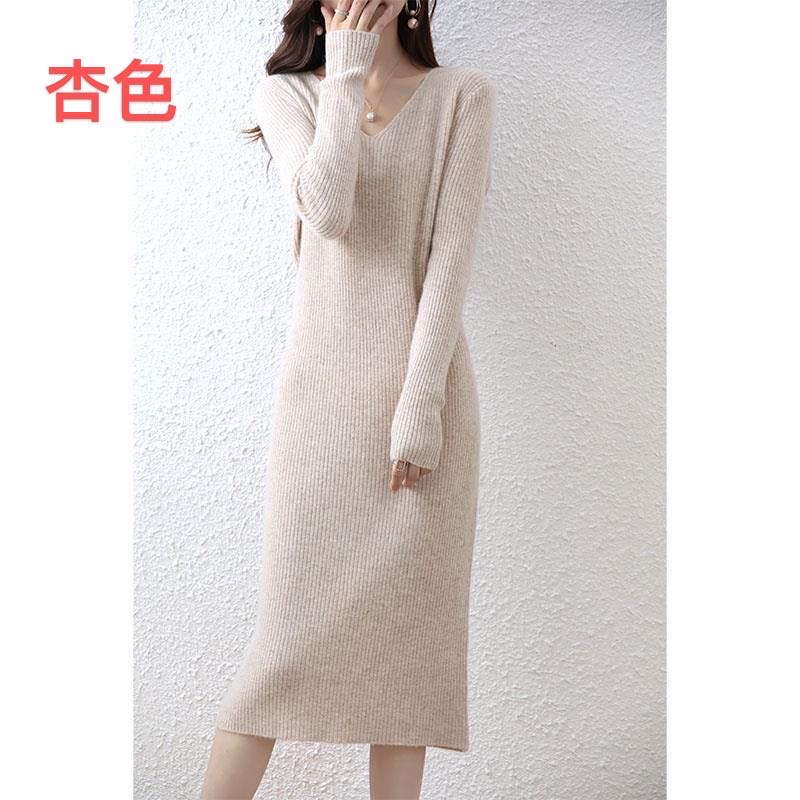Long V-neck woolen dress for women in autumn and winter, elegant knitted dress with coat, slim fit and versatile over the knee base