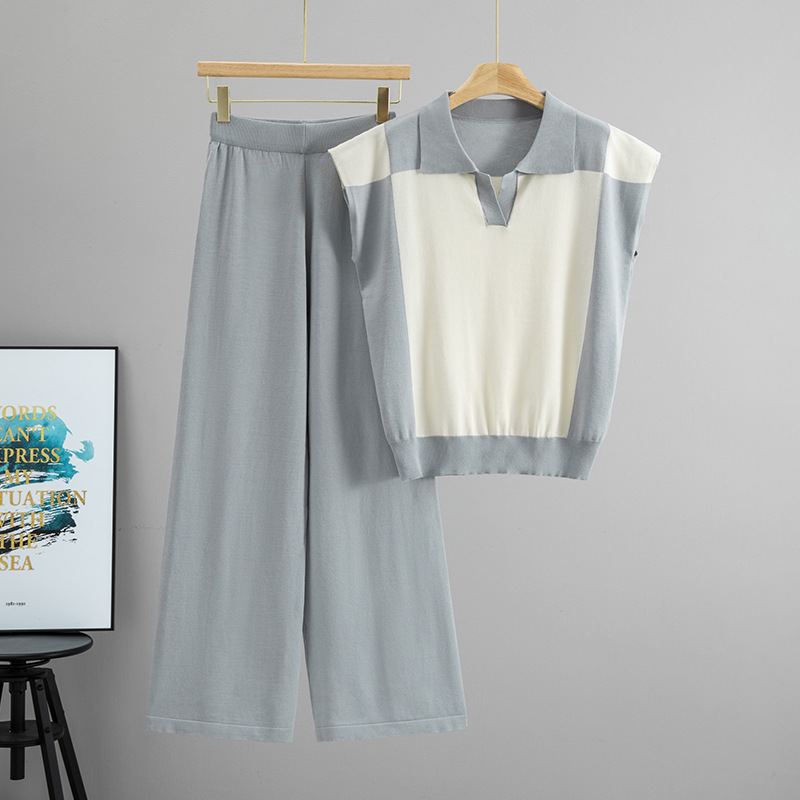 Cross border summer women's collar sleeveless color blocked knit top casual loose suit fashionable wide leg pants two-piece set
