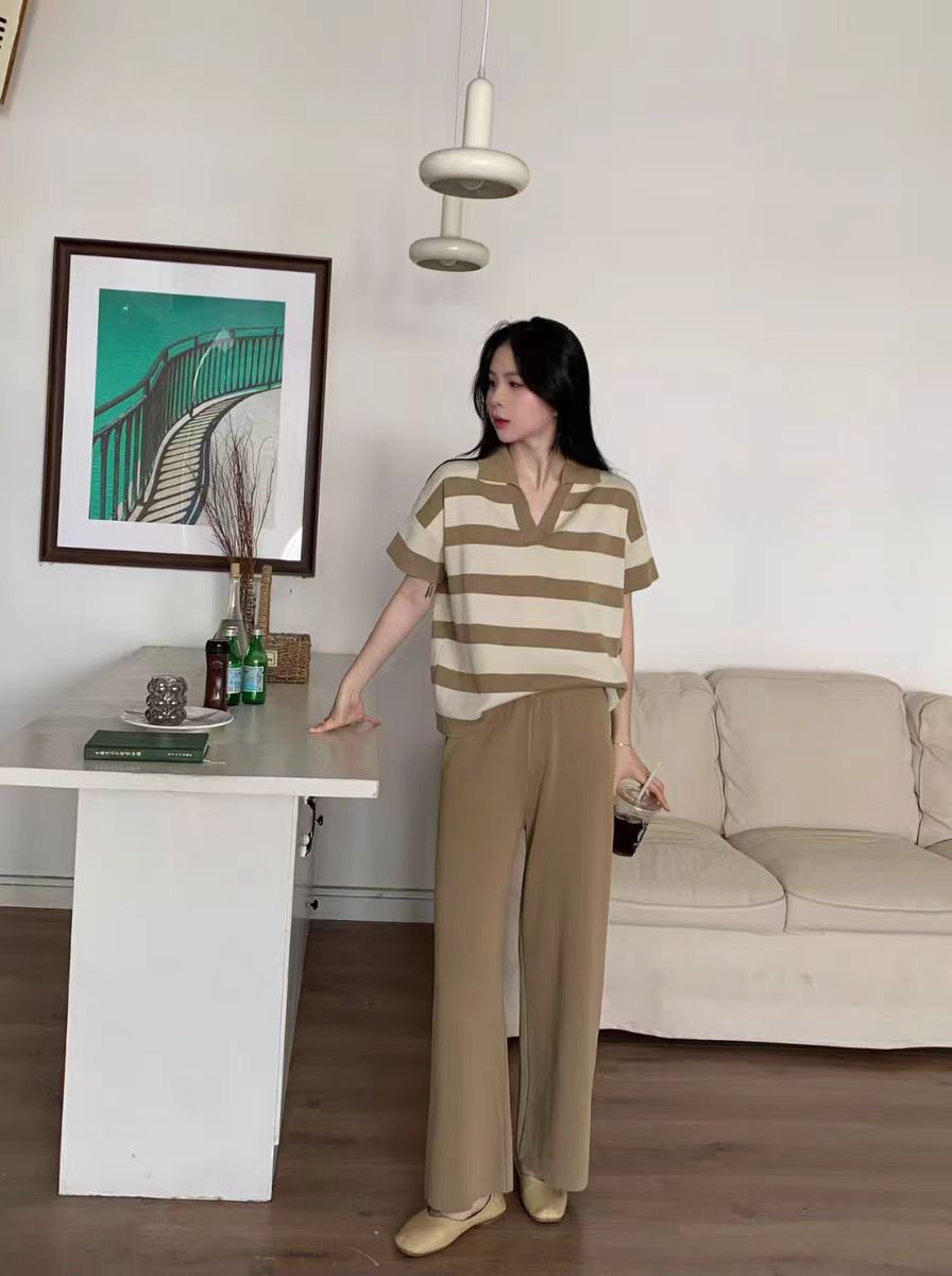 Spring and Autumn New Korean Color Contrast Stripe POLO Collar 1 Design Knitted Top+High Waist Wide Leg Pants Two Piece Set Spring and Autumn New Korean Color Contrast Stripe POLO Collar 1 Design Knitted Top+High Waist Wide Leg Pants Two Piece Set