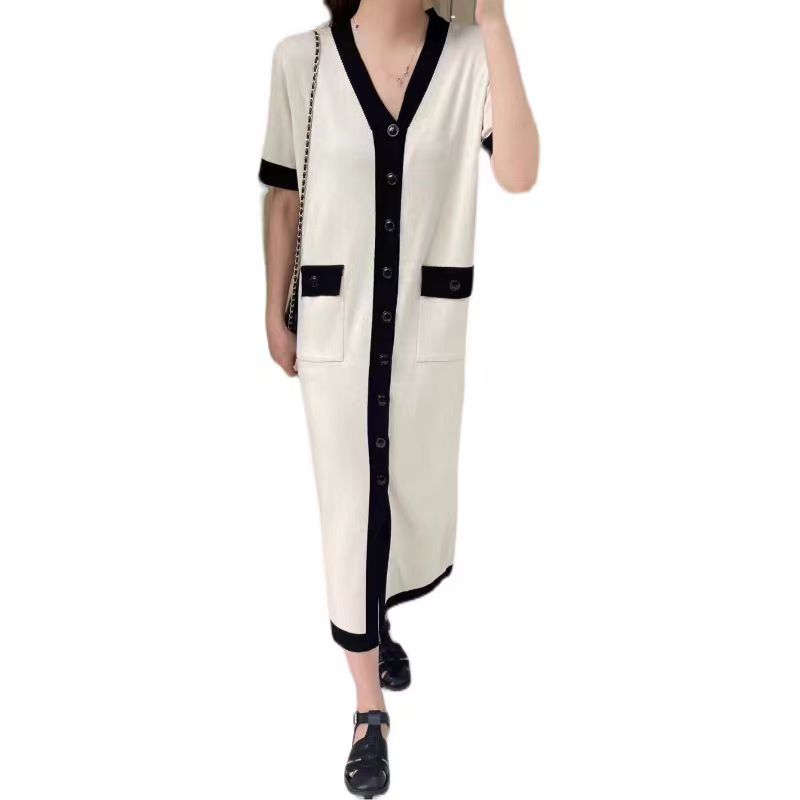 Korean chic summer simple contrasting color V-neck mid length single breasted loose slimming temperament short sleeved dress for women Korean chic summer simple contrasting color V-neck mid length single breasted loose slimming temperament short sleeved dress for women