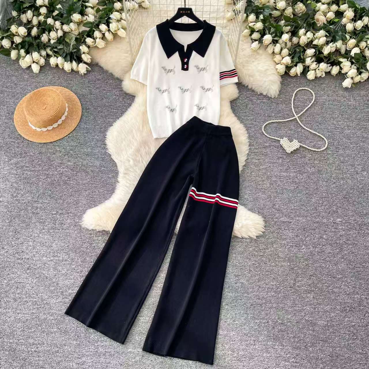 Lazy style Knitted Cute Dog Set Women's Summer Collar Top High Waist Wide Leg Pants Two Piece Set Relaxation