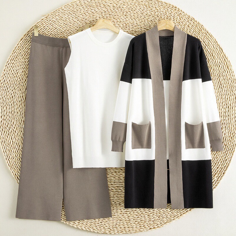 Cross border foreign trade women's clothing 2025 autumn new item European and American knitted medium long cardigan vest wide leg pants three piece set Cross border foreign trade women's clothing 2025 autumn new item European and American knitted medium long cardigan vest wide leg pants three piece set