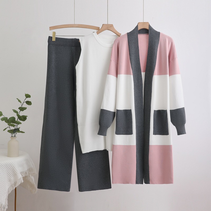 Cross border foreign trade women's clothing 2025 autumn new item European and American knitted medium long cardigan vest wide leg pants three piece set Cross border foreign trade women's clothing 2025 autumn new item European and American knitted medium long cardigan vest wide leg pants three piece set
