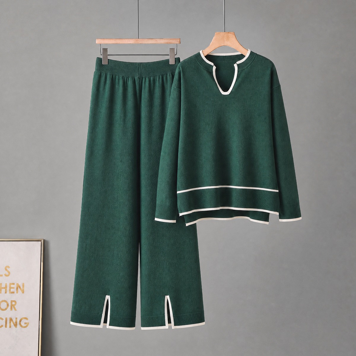 Cross border autumn and winter women's clothing U-shaped collar long sleeved knitted sweater set with split wide leg pants knitted two-piece set for women