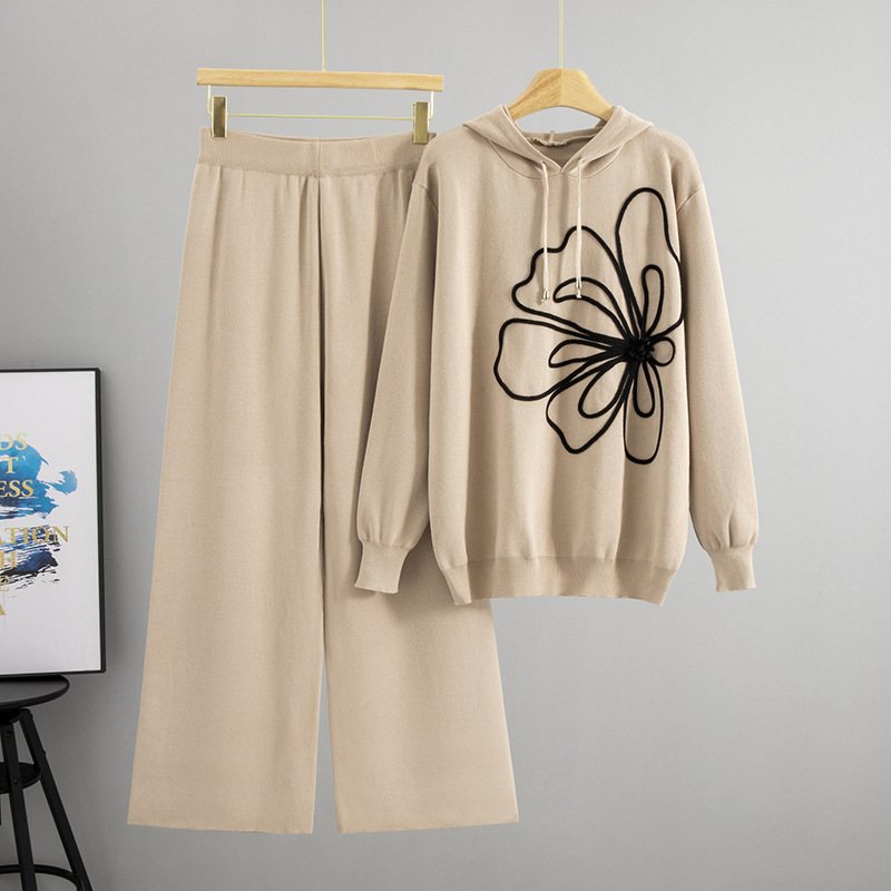 European and American hooded flower pullover design top, wide leg pants set, fashionable foreign trade simple temperament two-piece set for women