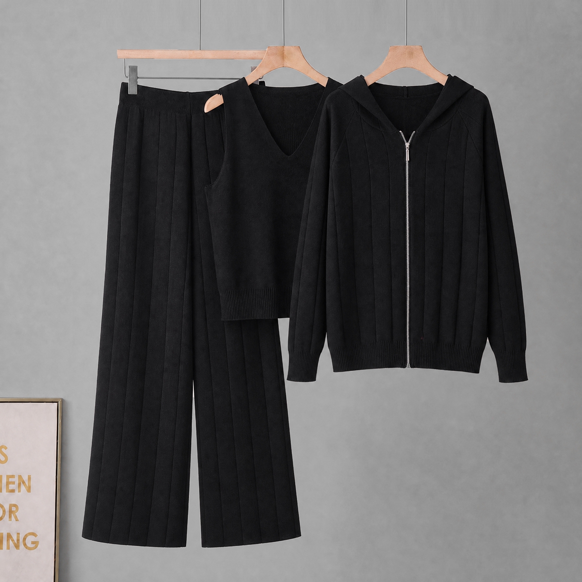 Korean fashion knitted suit women's 2025 autumn and winter new jacket camisole vest+high waist wide leg pants three piece set Korean fashion knitted suit women's 2025 autumn and winter new jacket camisole vest+high waist wide leg pants three piece set