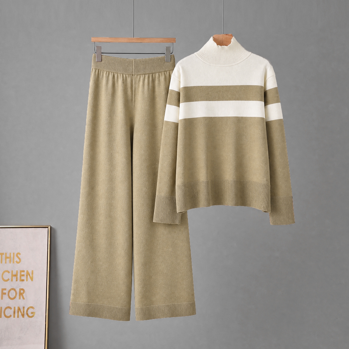 Korean casual fashion knitted suit women's autumn and winter loose long sleeved contrasting color top high waist slimming wide leg long pants Korean casual fashion knitted suit women's autumn and winter loose long sleeved contrasting color top high waist slimming wide leg long pants