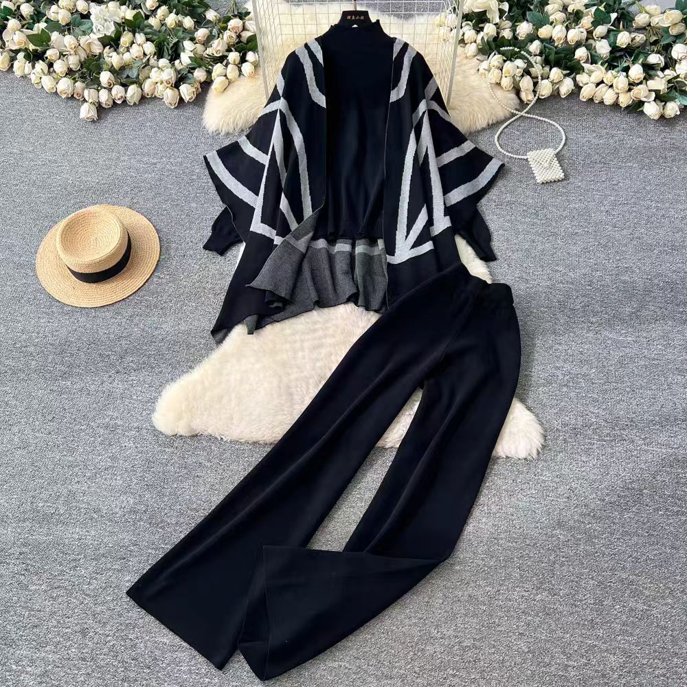 Lazy retro casual versatile high neck long sleeved knitted sweater+loose outer sweater cloak jacket+high waisted pants