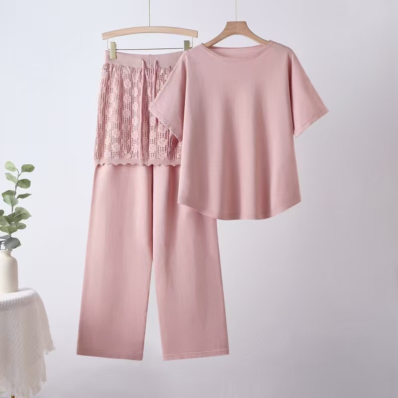Cross border 2026 summer new style casual and gentle style set for women, loose and slim knit wide leg pants, two pieces Cross border 2026 summer new style casual and gentle style set for women, loose and slim knit wide leg pants, two pieces