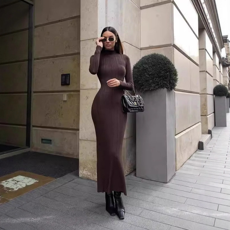Cross border European and American knitted high neck long sleeved tight skirt autumn and winter new long skirt elegant French knitted dress for women's fashion