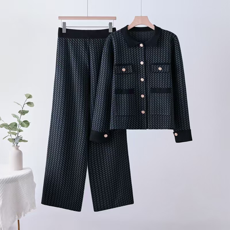 Cross border casual fashion temperament women's autumn and winter versatile knitted long sleeved cardigan loose slimming wide leg pants two-piece set