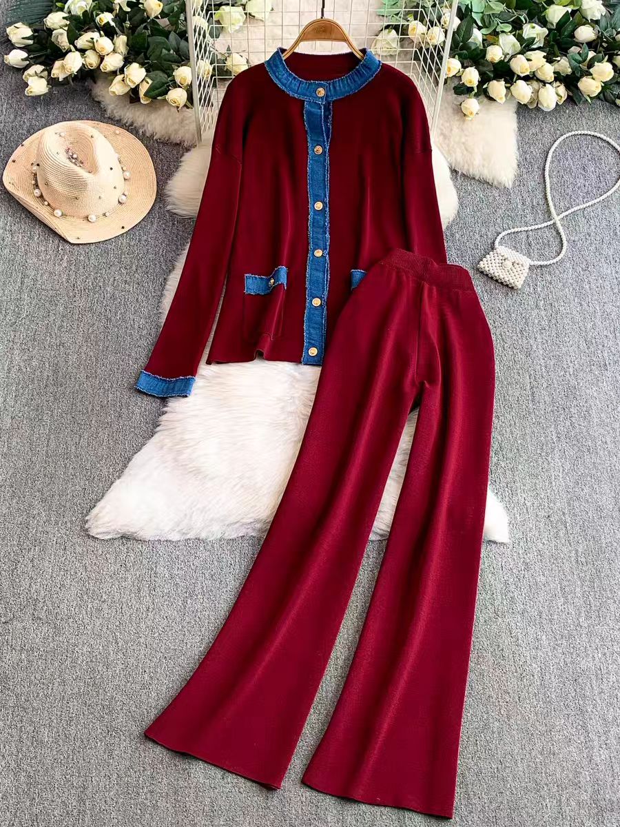 French socialite goddess style fashionable design denim patchwork knitted round neck jacket+high waist wide leg pants two-piece set French socialite goddess style fashionable design denim patchwork knitted round neck jacket+high waist wide leg pants two-piece set