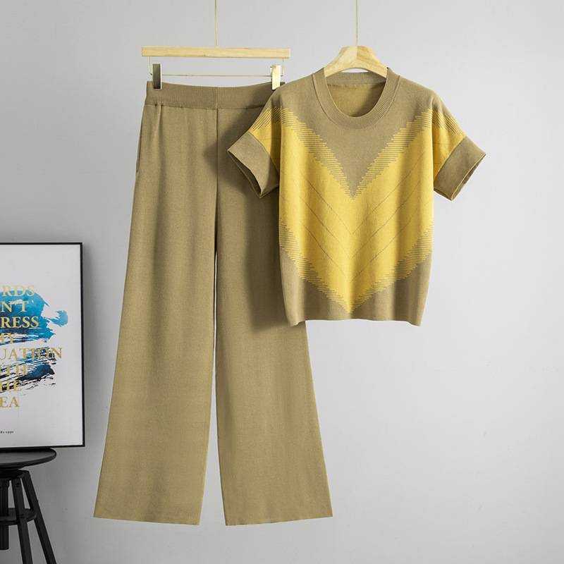 Cross border fashion casual suit women's round neck jacquard color blocked knitted top wide leg pants two-piece set women's suit