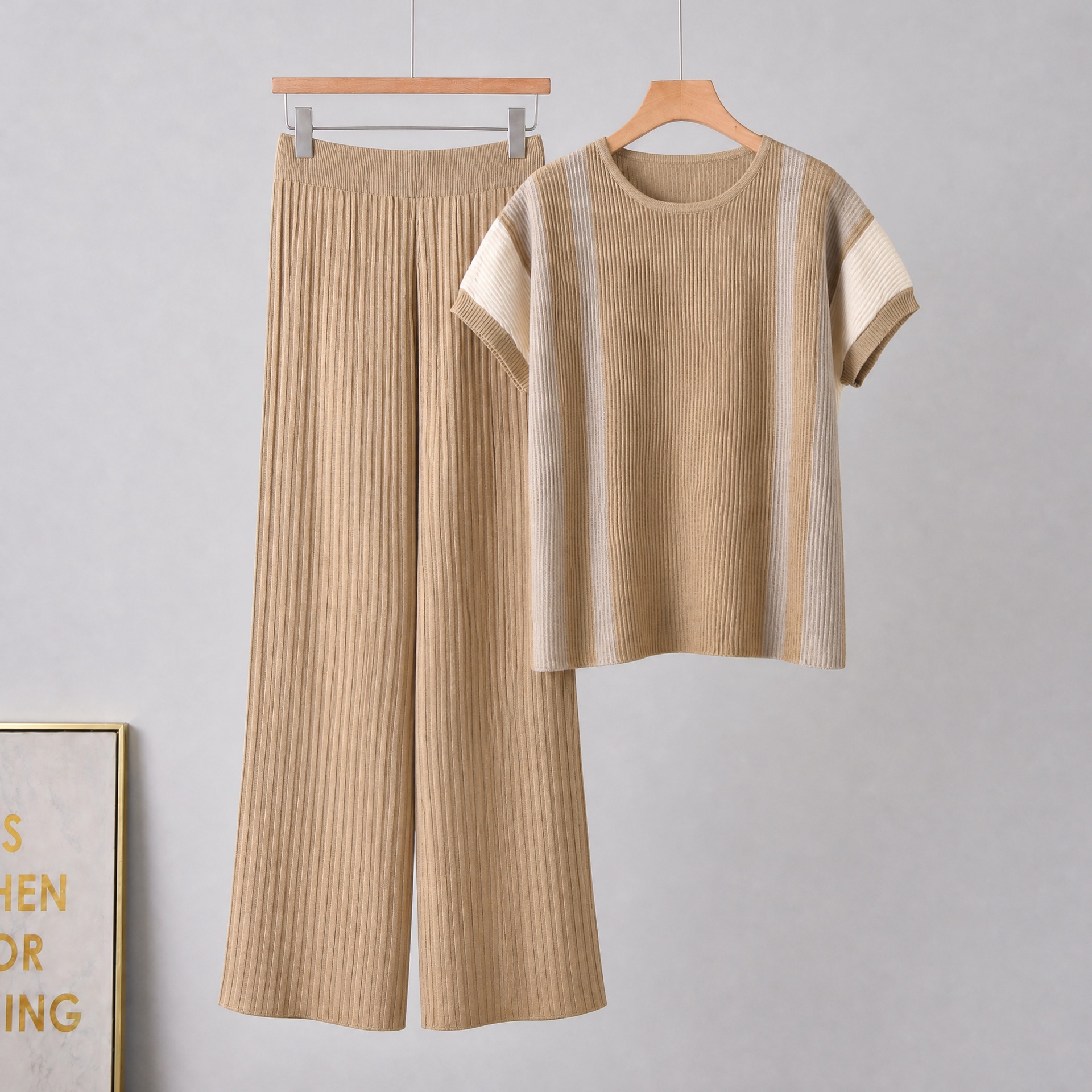 2026 European and American Cross border New Folded Color blocked Loose Fashion Casual T-shirt Long Wide Leg Pants Knitted Set