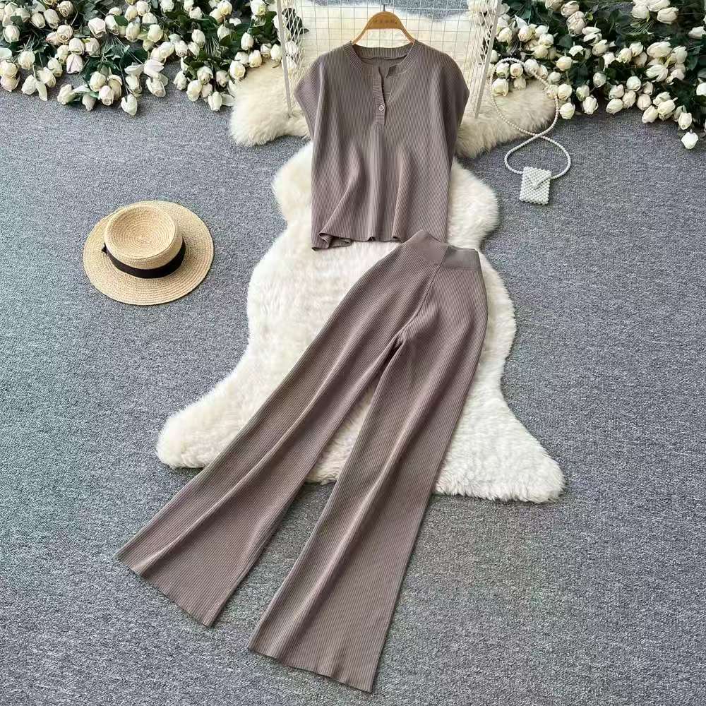 Korean chic summer outfit retro contrasting color lapel sleeveless knitted top+high waist slimming wide leg pants two-piece set Korean chic summer outfit retro contrasting color lapel sleeveless knitted top+high waist slimming wide leg pants two-piece set