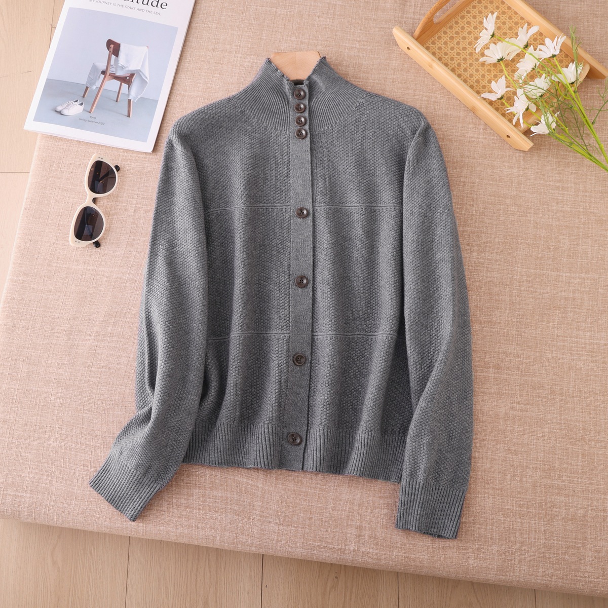 Half high neck gray long sleeved sweater knitted button cardigan jacket for women 2026 winter new atmospheric top Half high neck gray long sleeved sweater knitted button cardigan jacket for women 2026 winter new atmospheric top