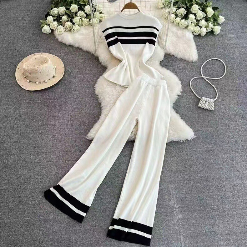 Fashion suit women's Korean version sleeveless slim knit top two-piece set casual high waist slimming straight leg wide leg pants Fashion suit women's Korean version sleeveless slim knit top two-piece set casual high waist slimming straight leg wide leg pants