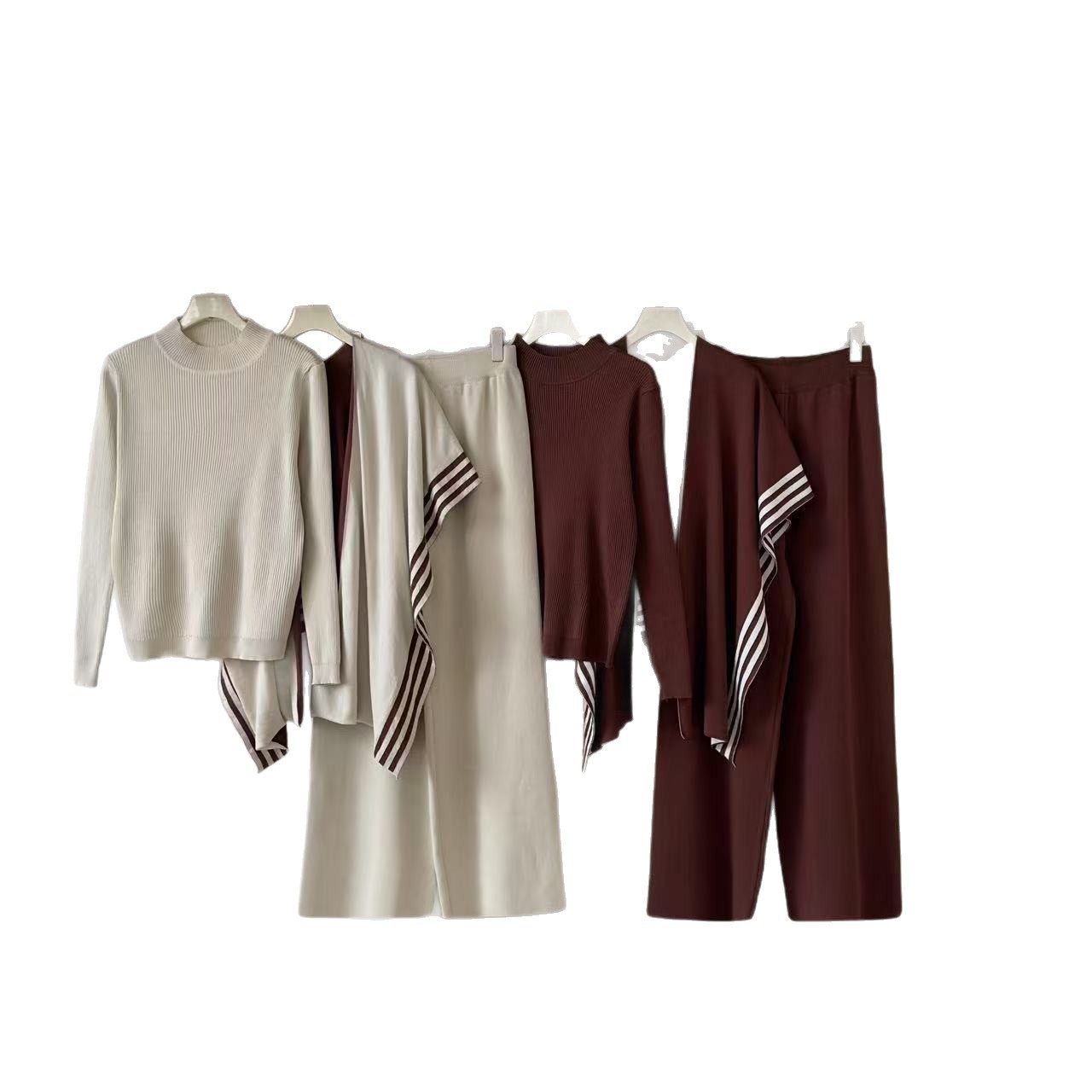 Cross border 25 year casual knit three piece set, Spring and Autumn new style, casual fashion temperament, sweater, wide leg pants, shawl cardigan Cross border 25 year casual knit three piece set, Spring and Autumn new style, casual fashion temperament, sweater, wide leg pants, shawl cardigan