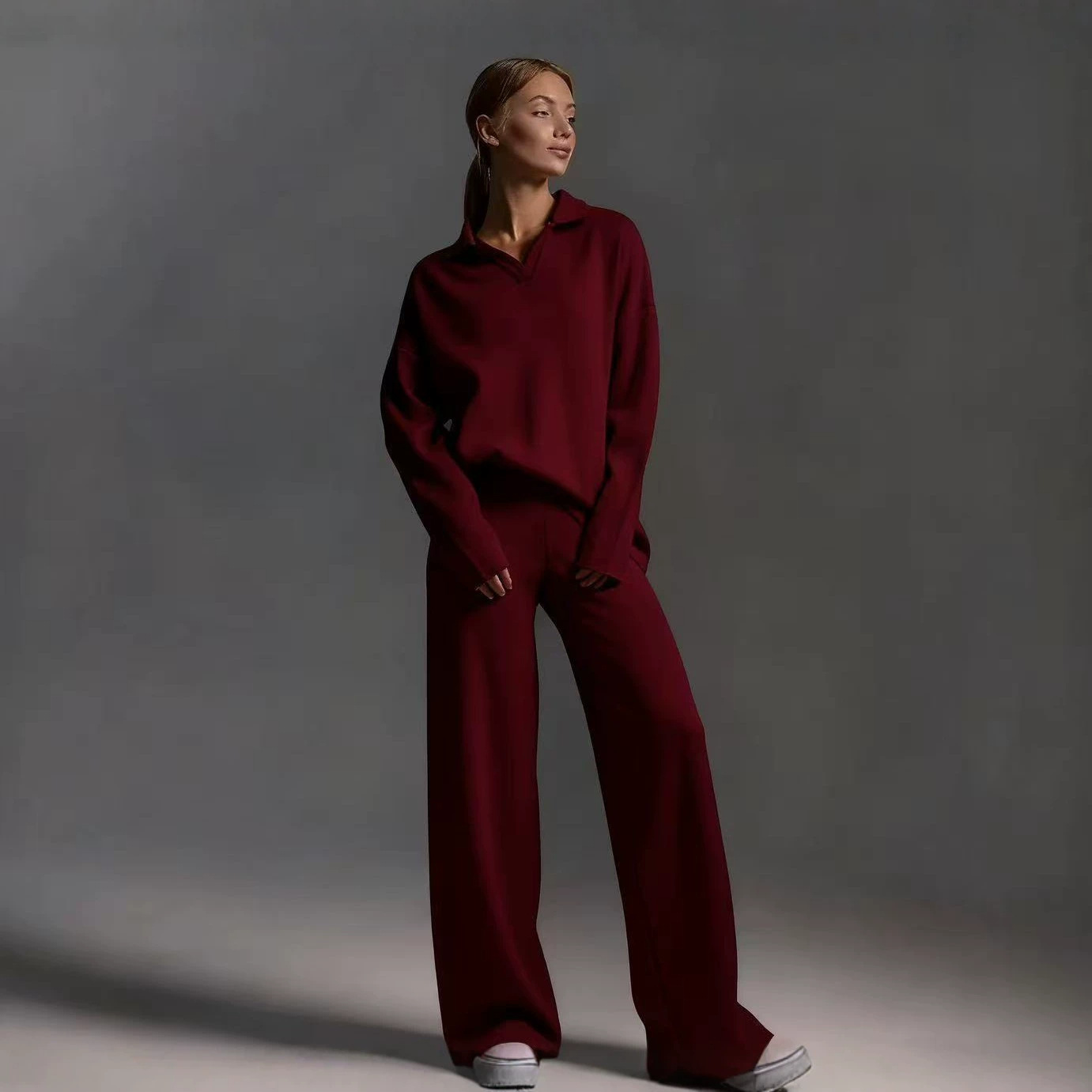 2026 Fashion Amazon Tiktok Cross border European and American Solid Color Autumn/Winter Set Polo Collar Wide Leg Pants Two Piece Set for Women