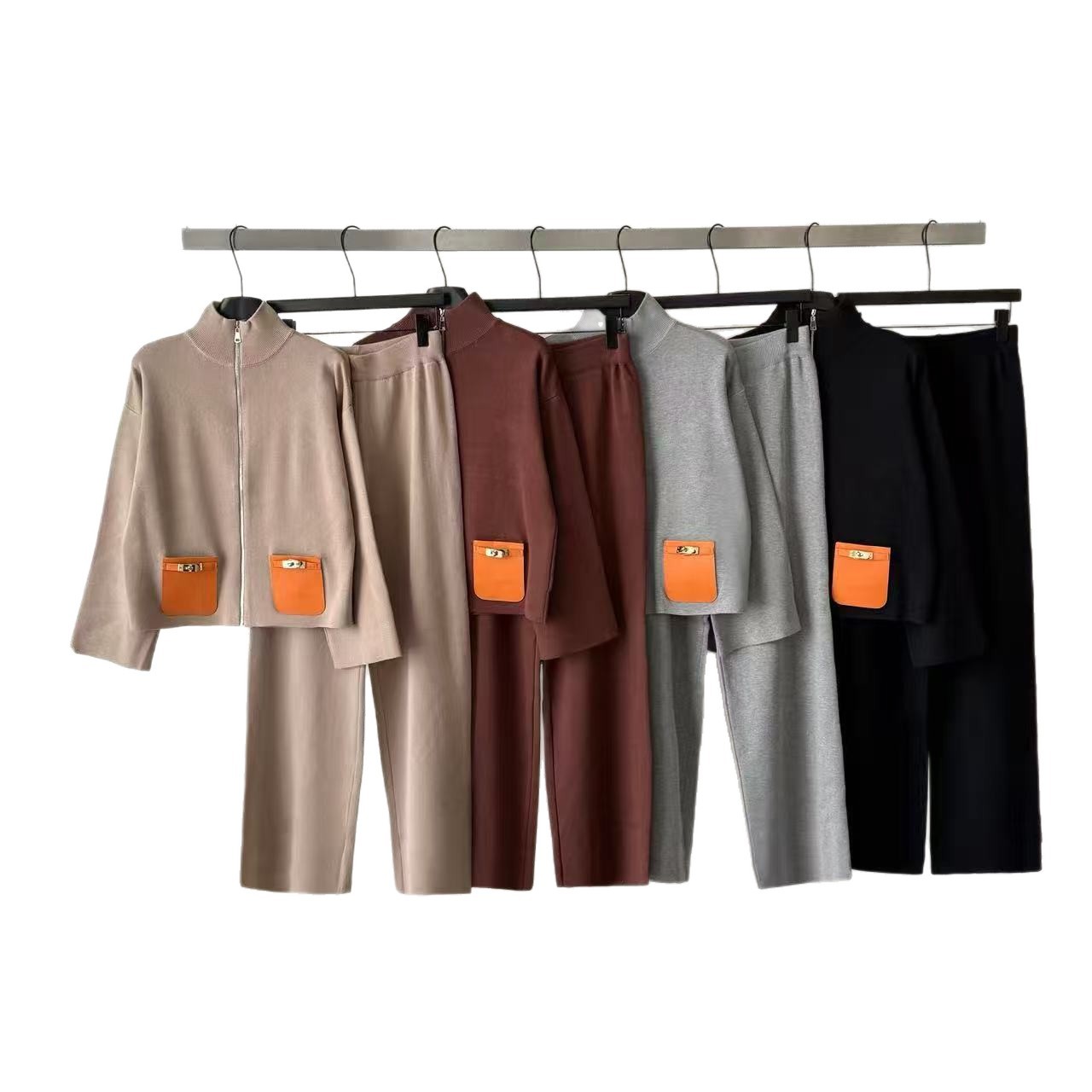 Cross border contrasting pocket knit two-piece women's stand up collar zipper short top loose slimming wide leg pants casual set Cross border contrasting pocket knit two-piece women's stand up collar zipper short top loose slimming wide leg pants casual set