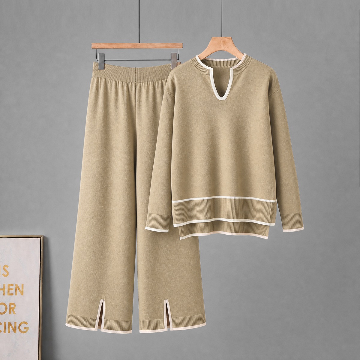 Cross border autumn and winter women's clothing U-shaped collar long sleeved knitted sweater set with split wide leg pants knitted two-piece set for women Cross border autumn and winter women's clothing U-shaped collar long sleeved knitted sweater set with split wide leg pants knitted two-piece set for women