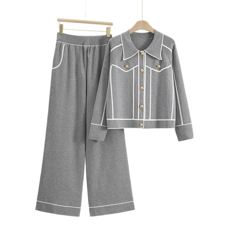 Cross border foreign trade fashion suit temperament style metal buckle contrasting edge cardigan top wide leg pants two-piece set women's spring and autumn Cross border foreign trade fashion suit temperament style metal buckle contrasting edge cardigan top wide leg pants two-piece set women's spring and autumn